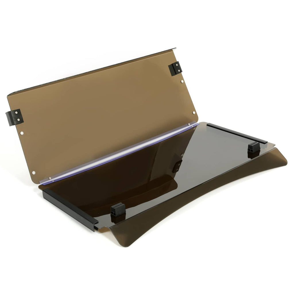 Folded tinted windscreen with brown frame and dark mounting supports