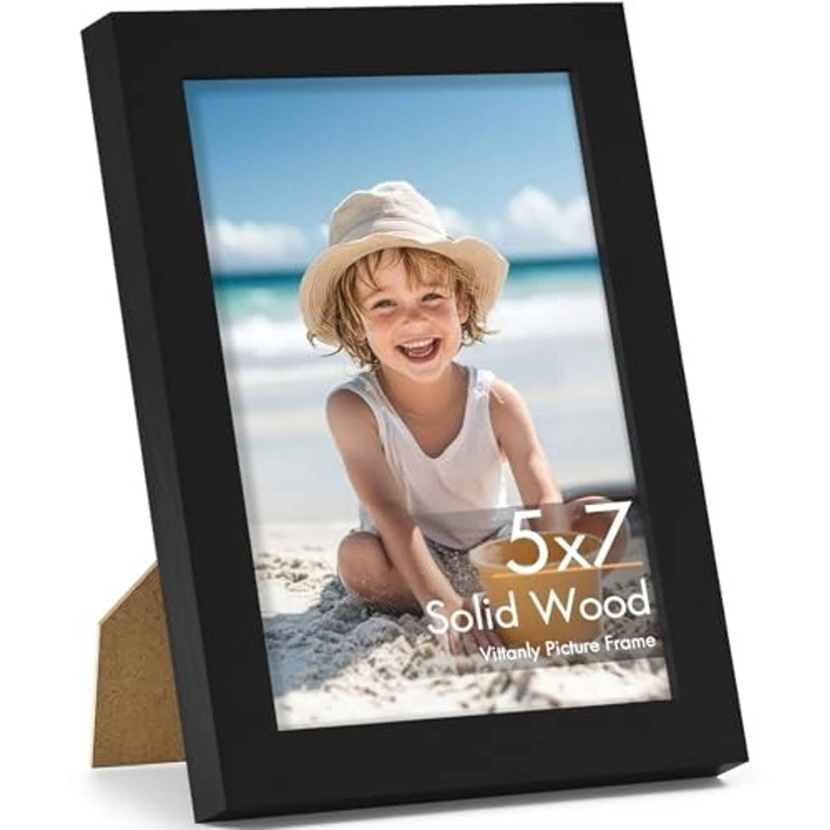 Black 5x7 solid-wood picture frame with clear shatterproof plexiglass, angled front view.