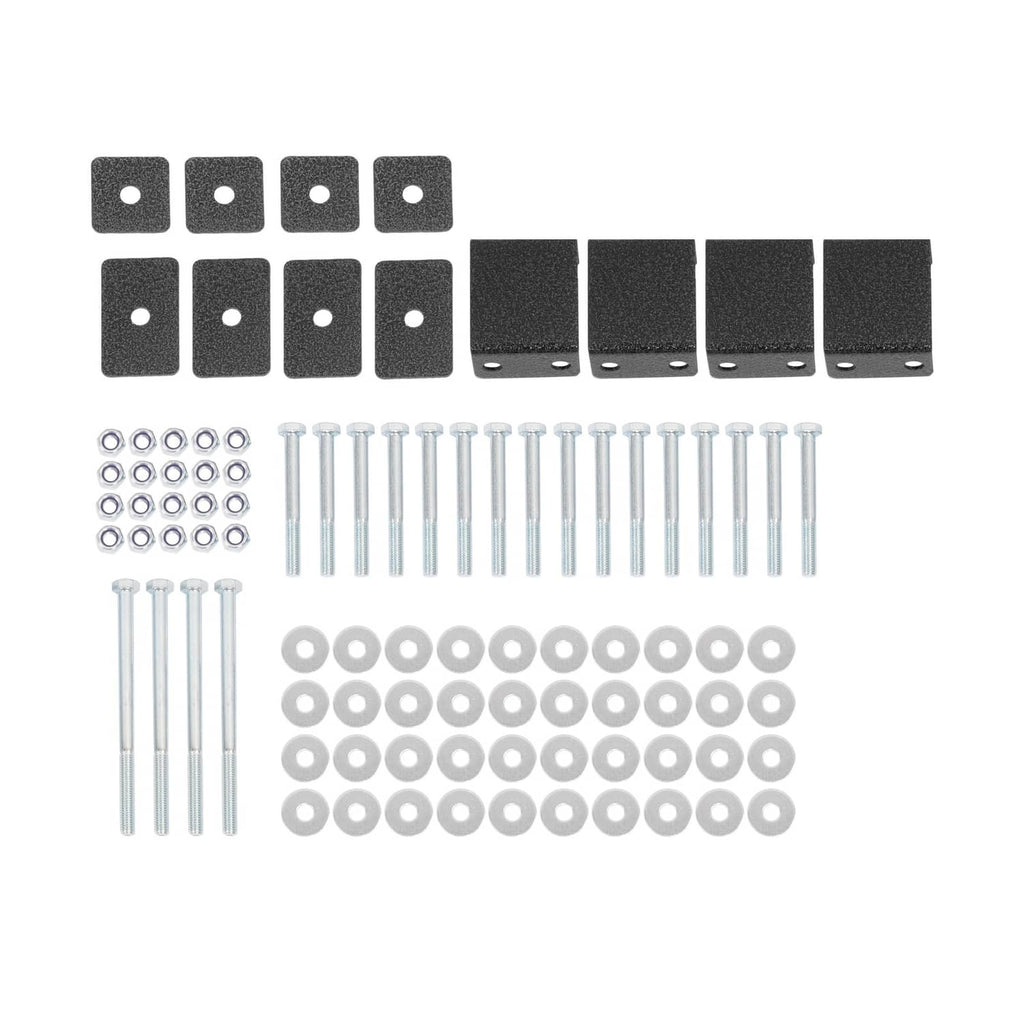Ladder rack mounting hardware kit with black plates, bolts, and washers