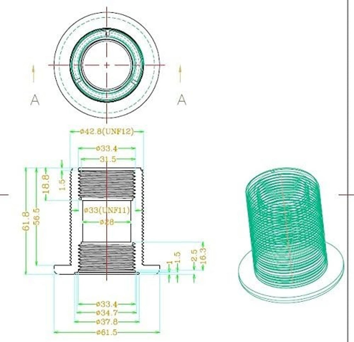 Technical dimension diagram for threaded bulkhead fitting on white background