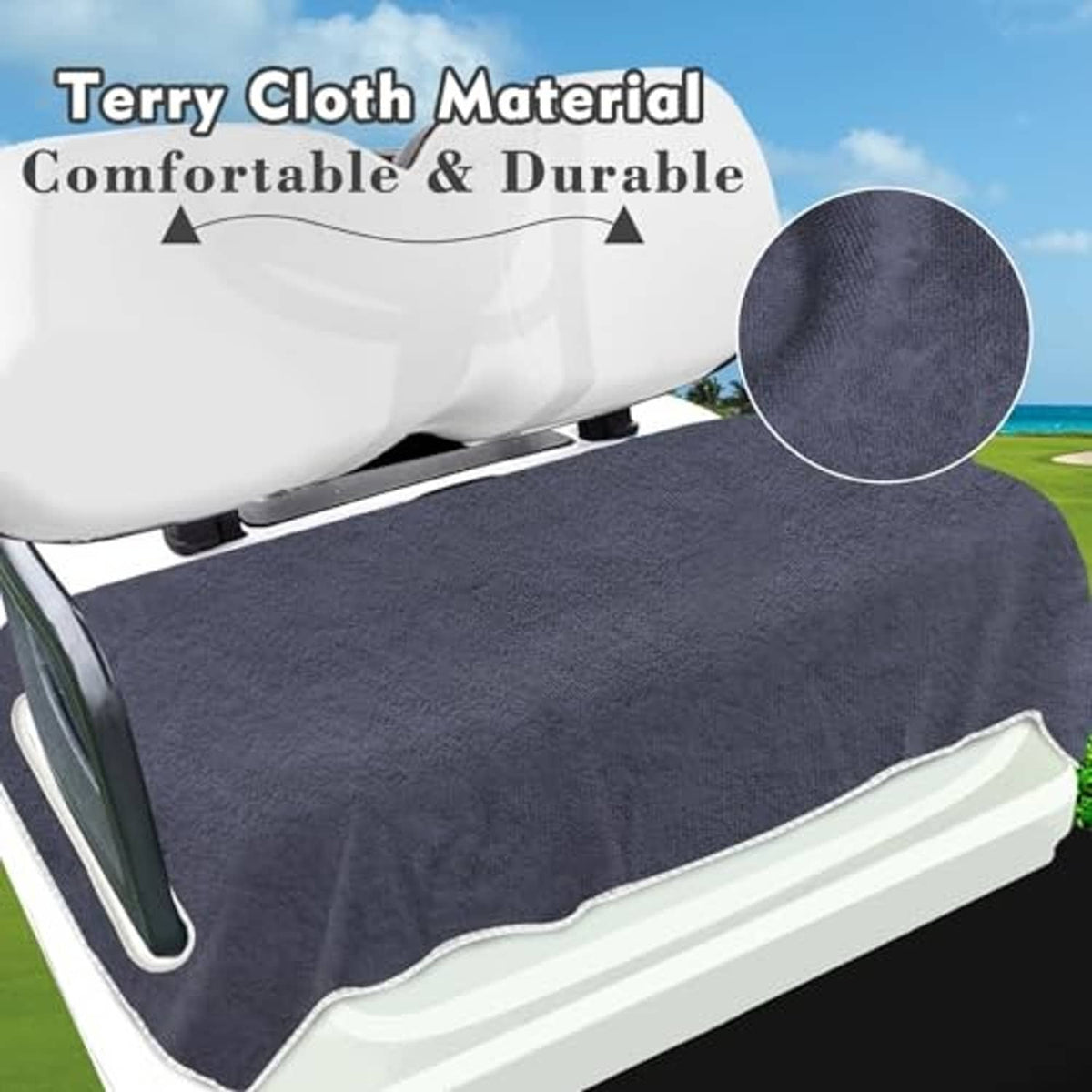 Dark grey microfiber seat cover with white border; textured fabric over golf cart
