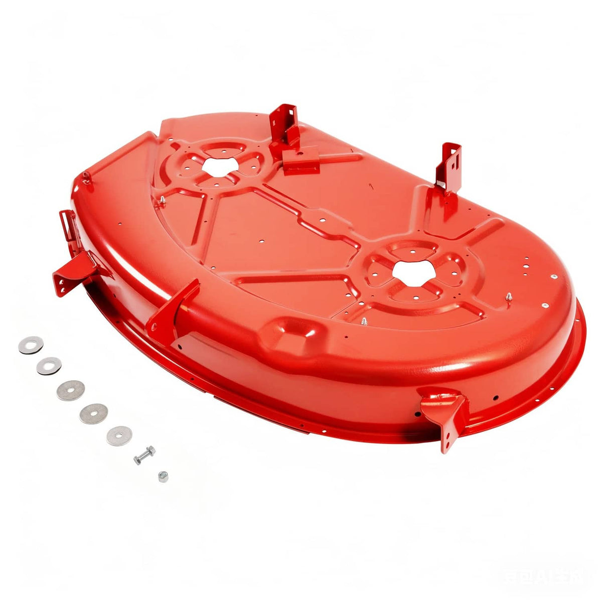 Red mower deck housing underside view with circular spindle openings and side tabs