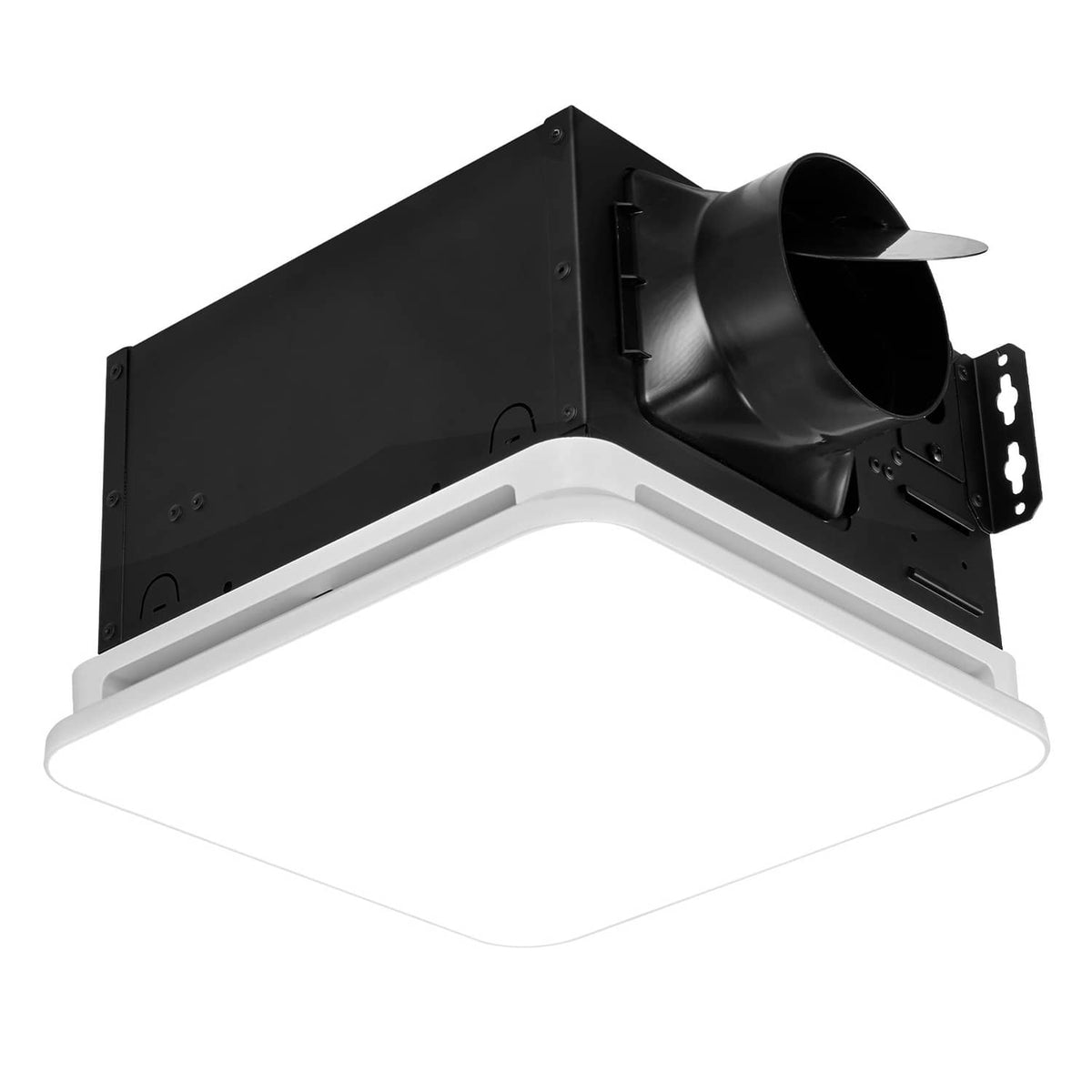 Ceiling bathroom ventilation fan with black duct outlet and white LED light cover