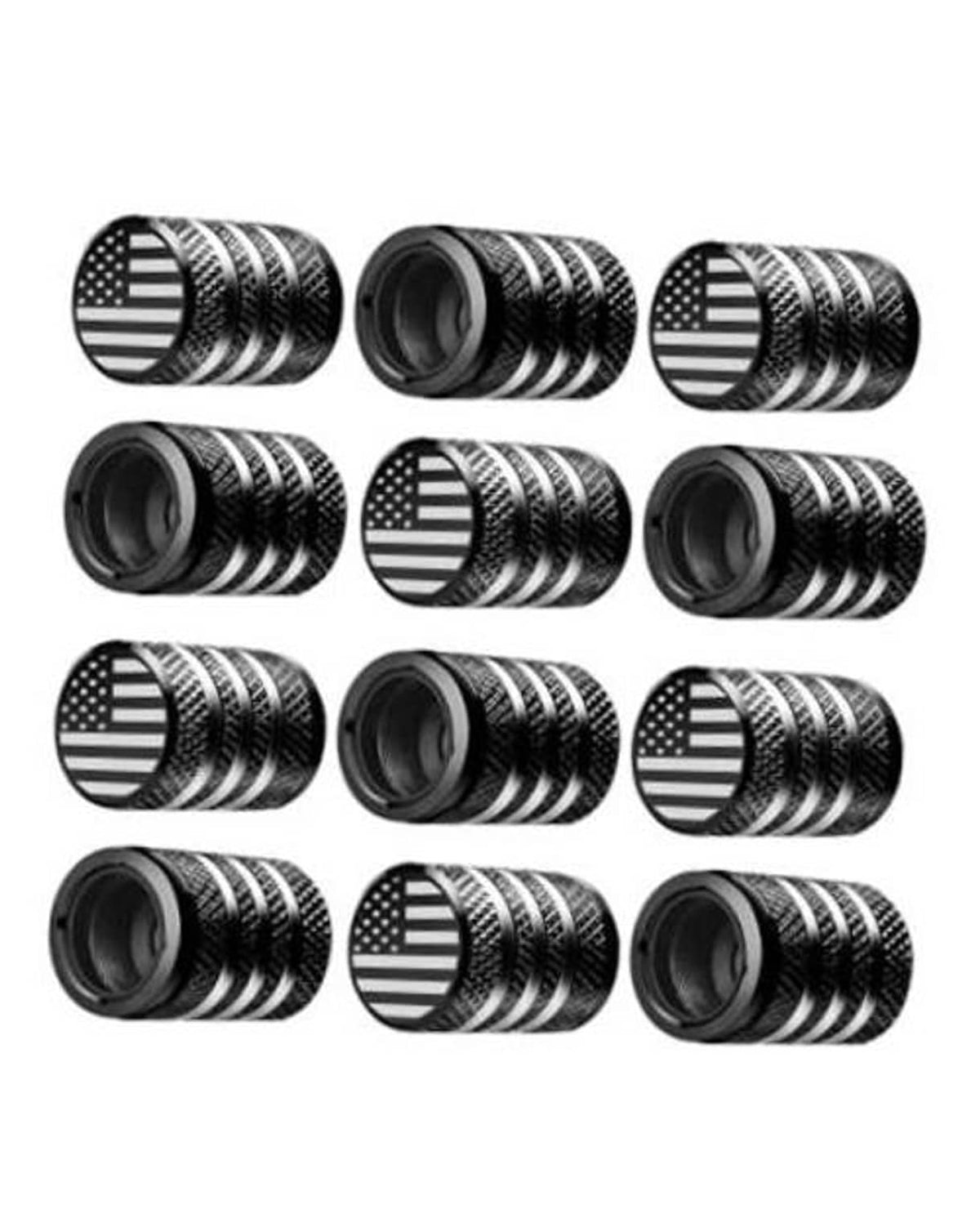 Tire valve stem caps 12-pack, black with silver striped grip and American flag face