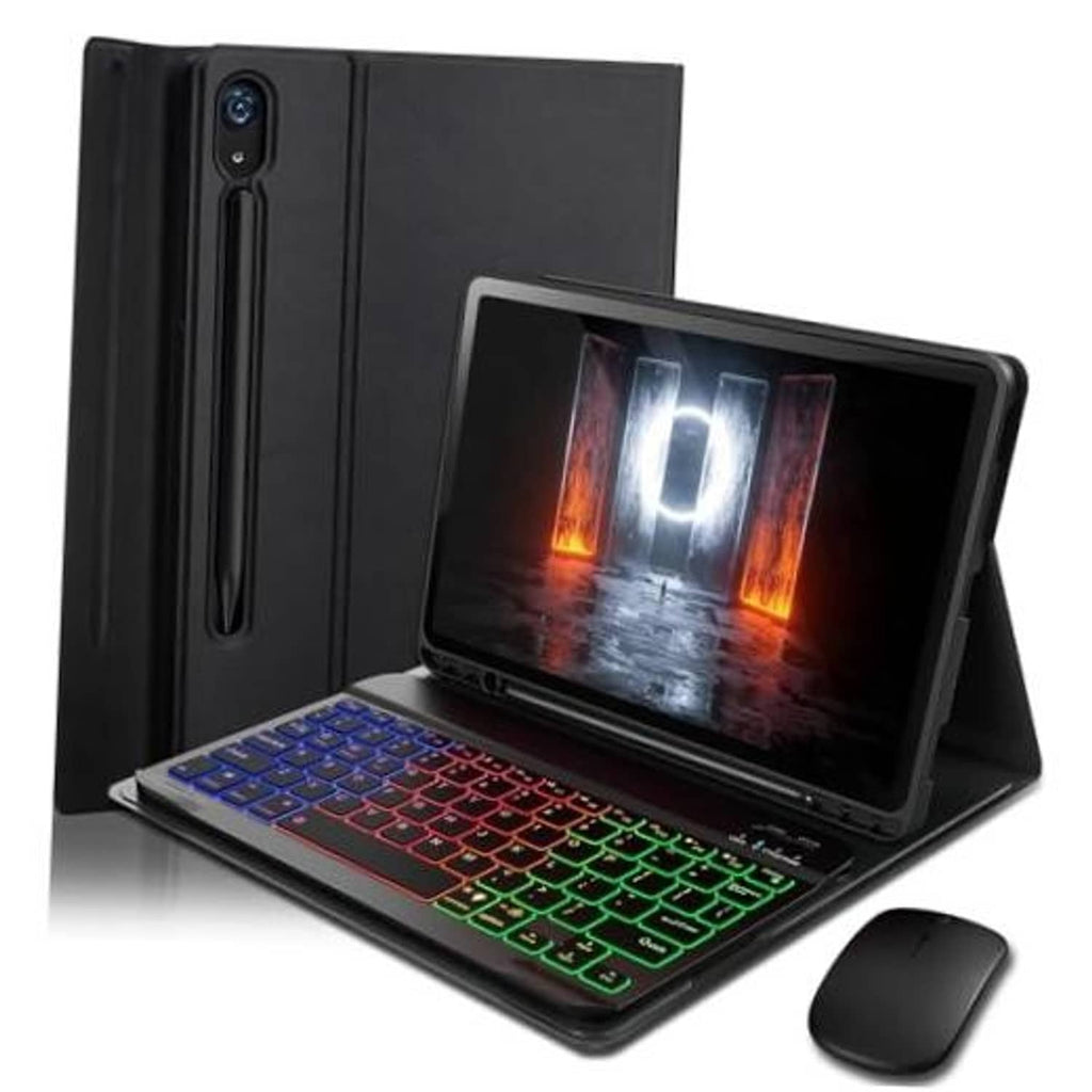 Black keyboard tablet case with folding stand, colorful backlit keys, trackpad, and mouse