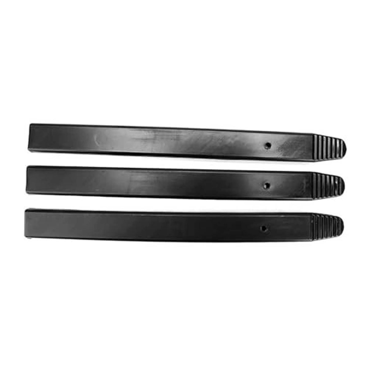 Three black pry bar rim protectors with ridged end grips and center mounting holes