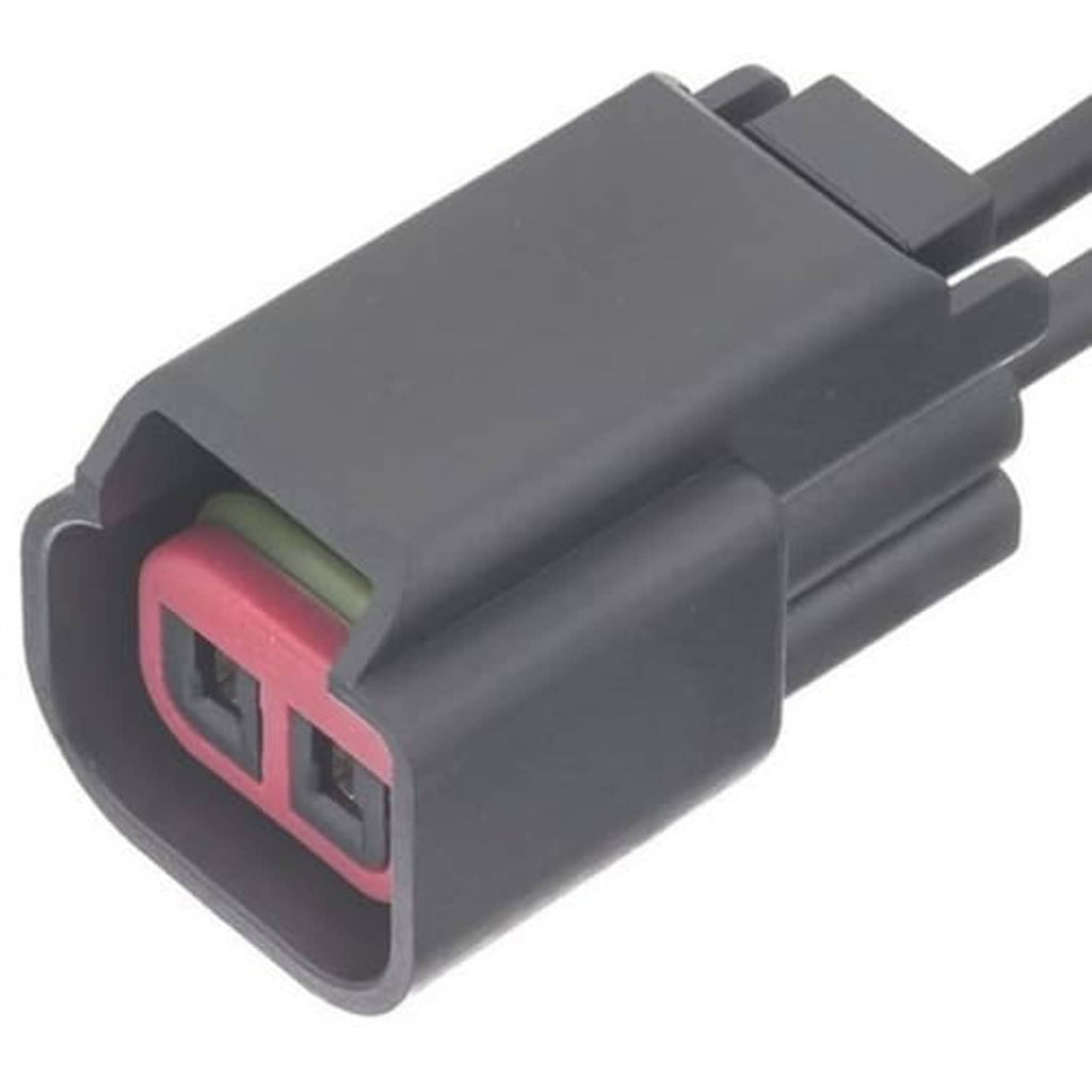 Black and gray engine sensor connector with red latch window and attached wiring