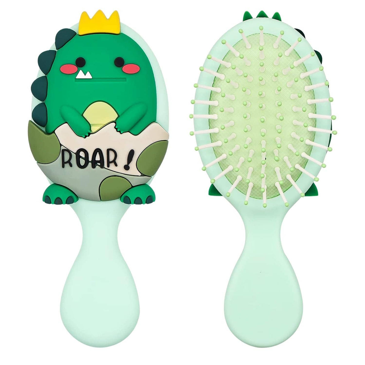 Dinosaur-themed kids hair brush with mint handle and green bristle pad
