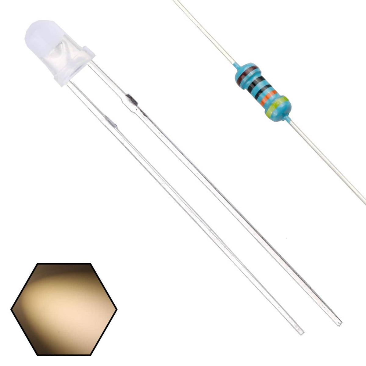 3mm warm white LED diode with two wire leads, round diffused lens