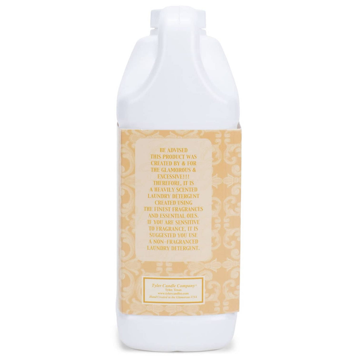 Laundry detergent bottle, back label with care instructions panel