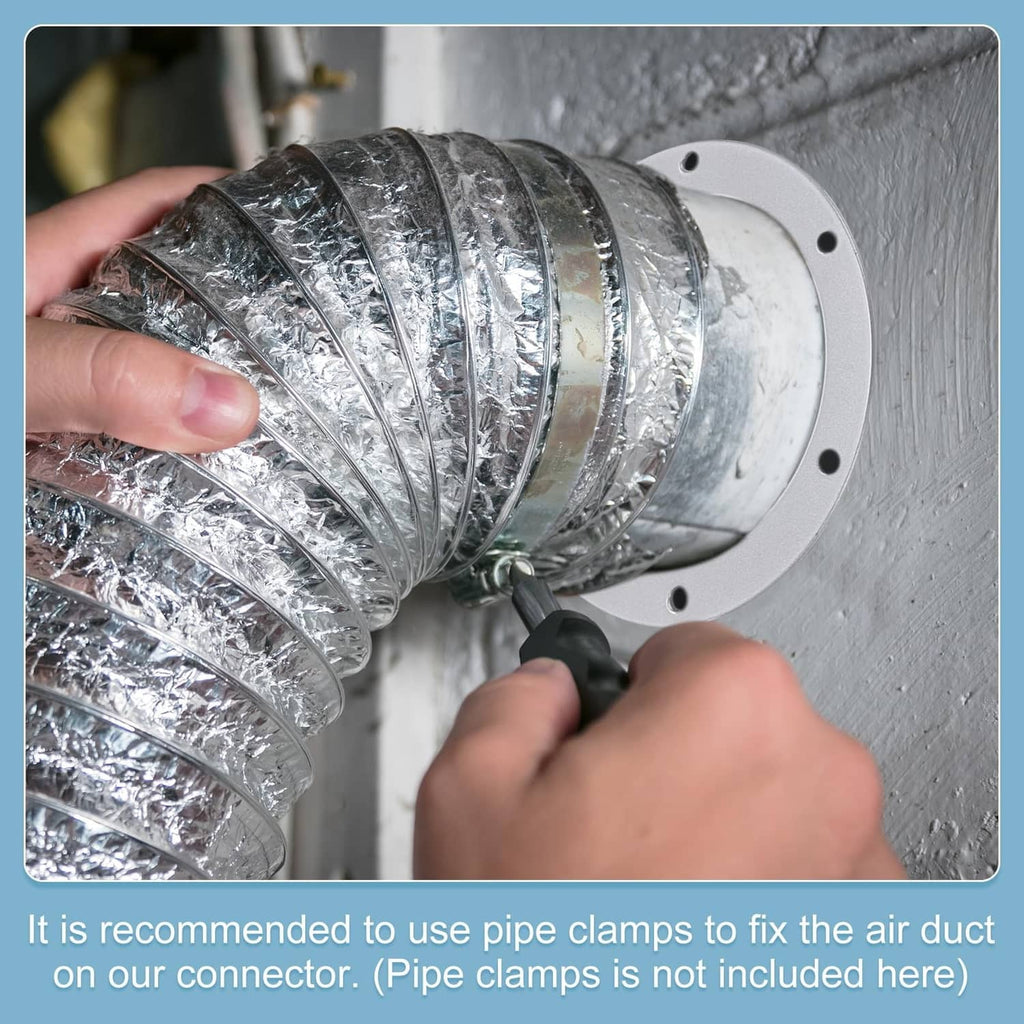 Round duct flange plate with 3 holes connected to a flexible metal air duct