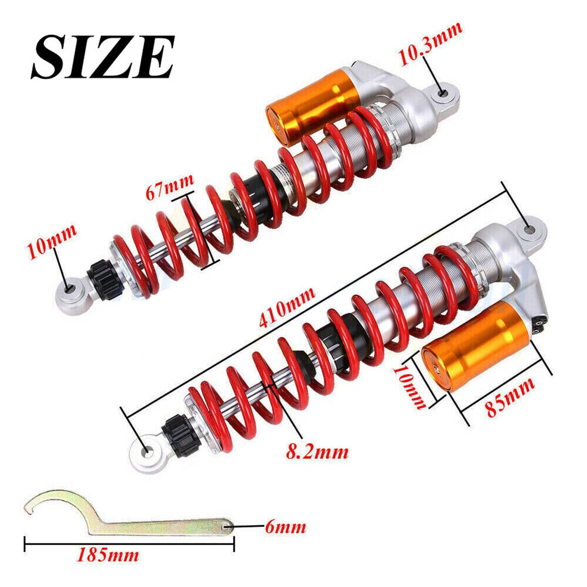 Air shock absorber size diagram with red coil spring and orange reservoir, silver body