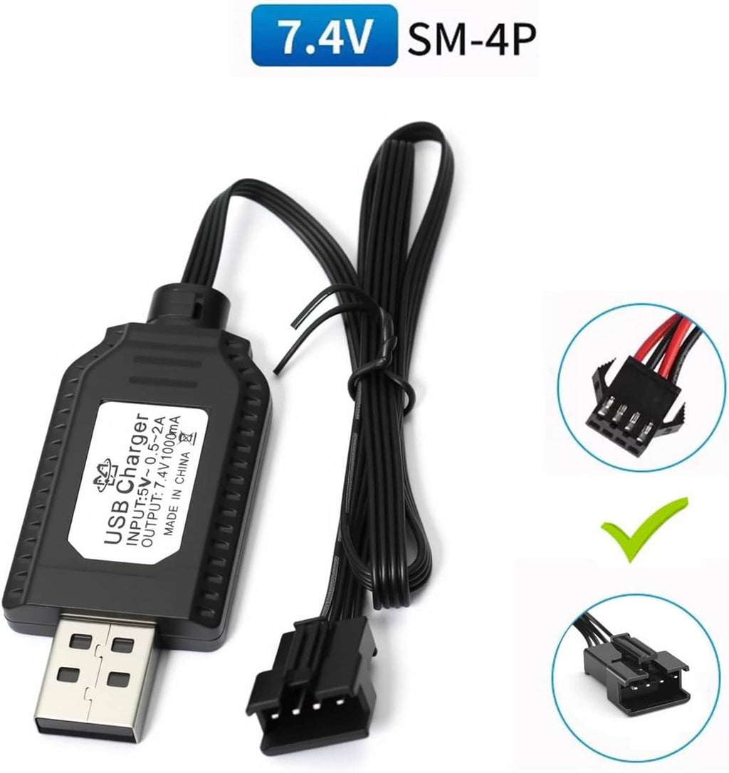 SM-4P 7.4V USB-A charger with two-prong plug and black power cable