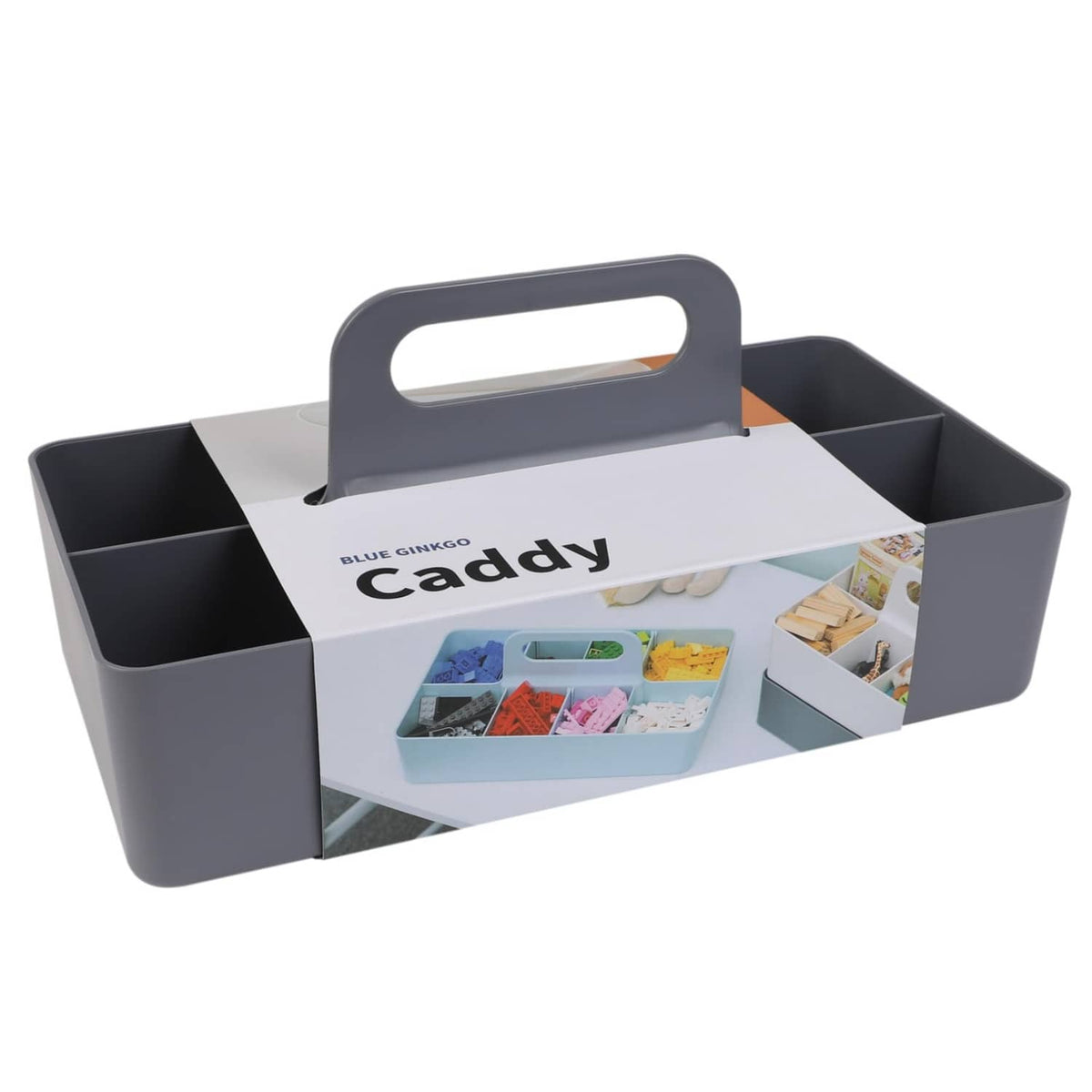 Blue Ginkgo long rectangle grey storage caddy with built-in handle and interior dividers