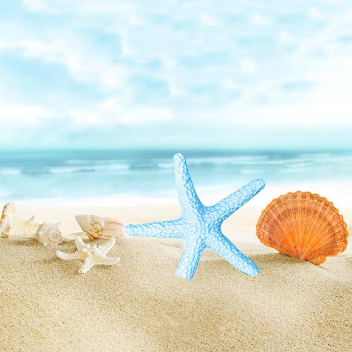 Light blue starfish ornament on sandy beach with seashell decor