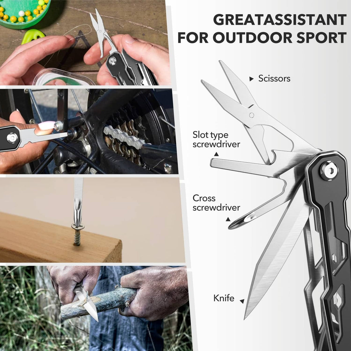 Black stainless folding multitool with slot and cross screwdriver bits extended