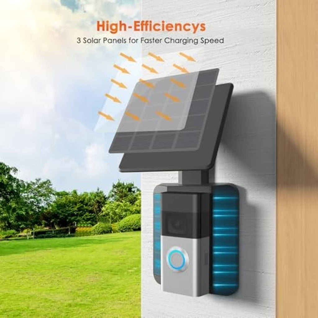 Solar doorbell charger with black housing and glowing blue battery status window
