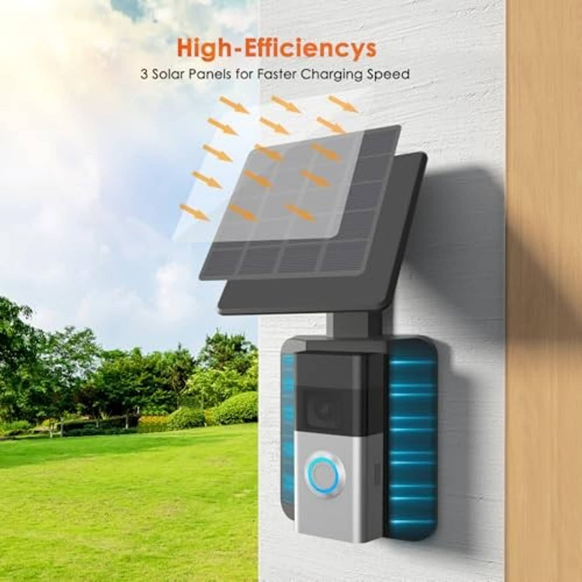 Solar doorbell charger with black housing and glowing blue battery status window