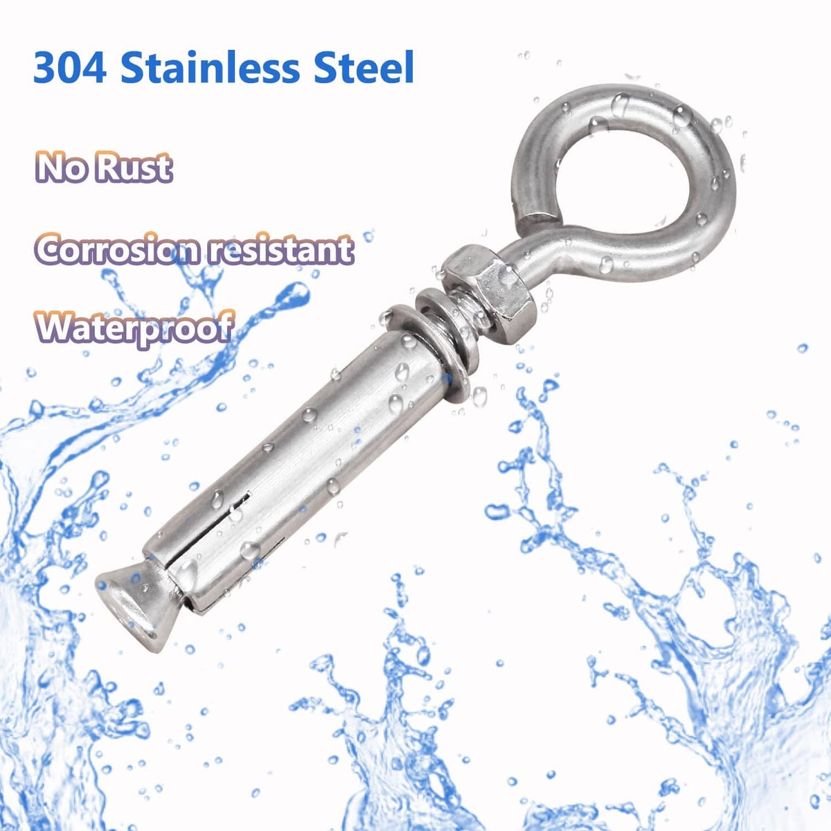 Stainless steel expansion eye bolt anchor with hooked eye and sleeve