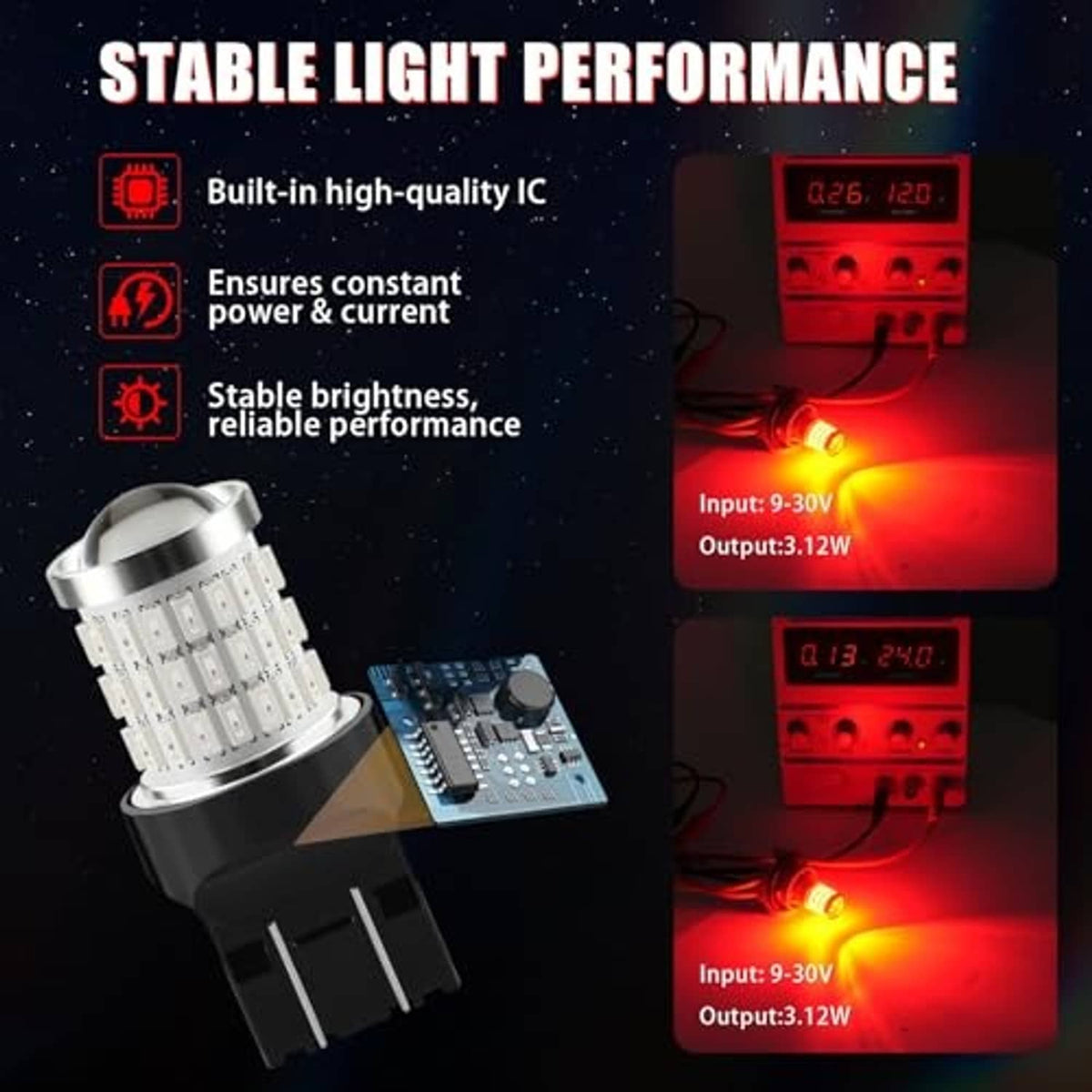 LED brake bulb with white LED array, cooling ring, and attached driver circuit board