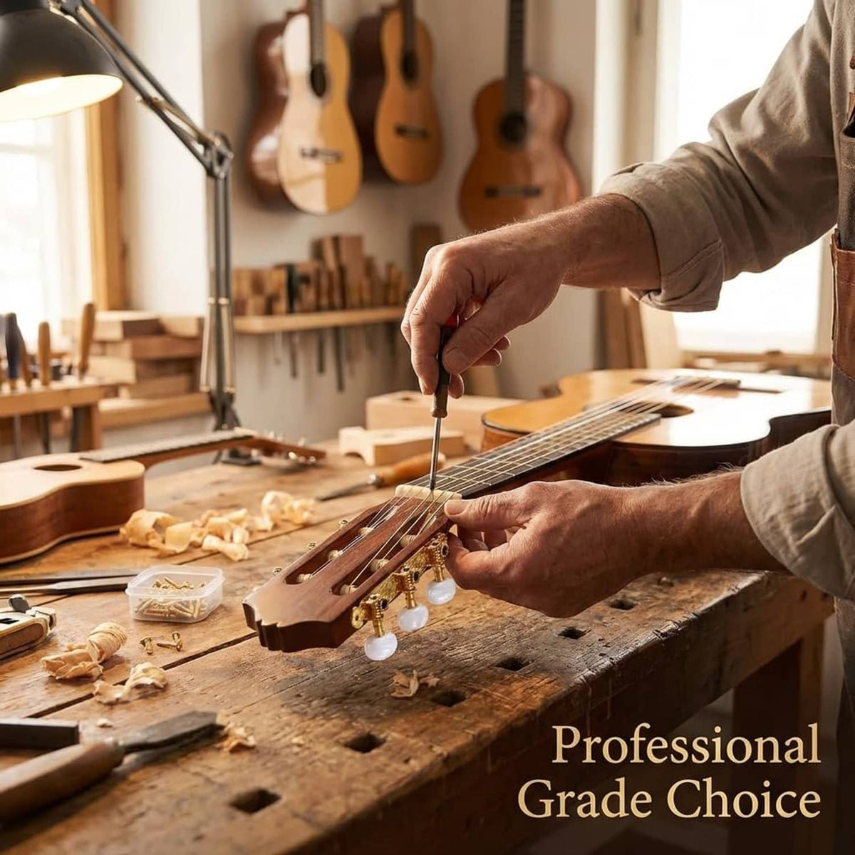 Classical guitar tuning peg installation: gold pegs with white knobs on headstock