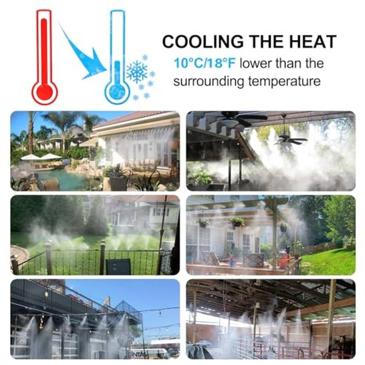 Outdoor misting system cooling with water spray from overhead black tubing