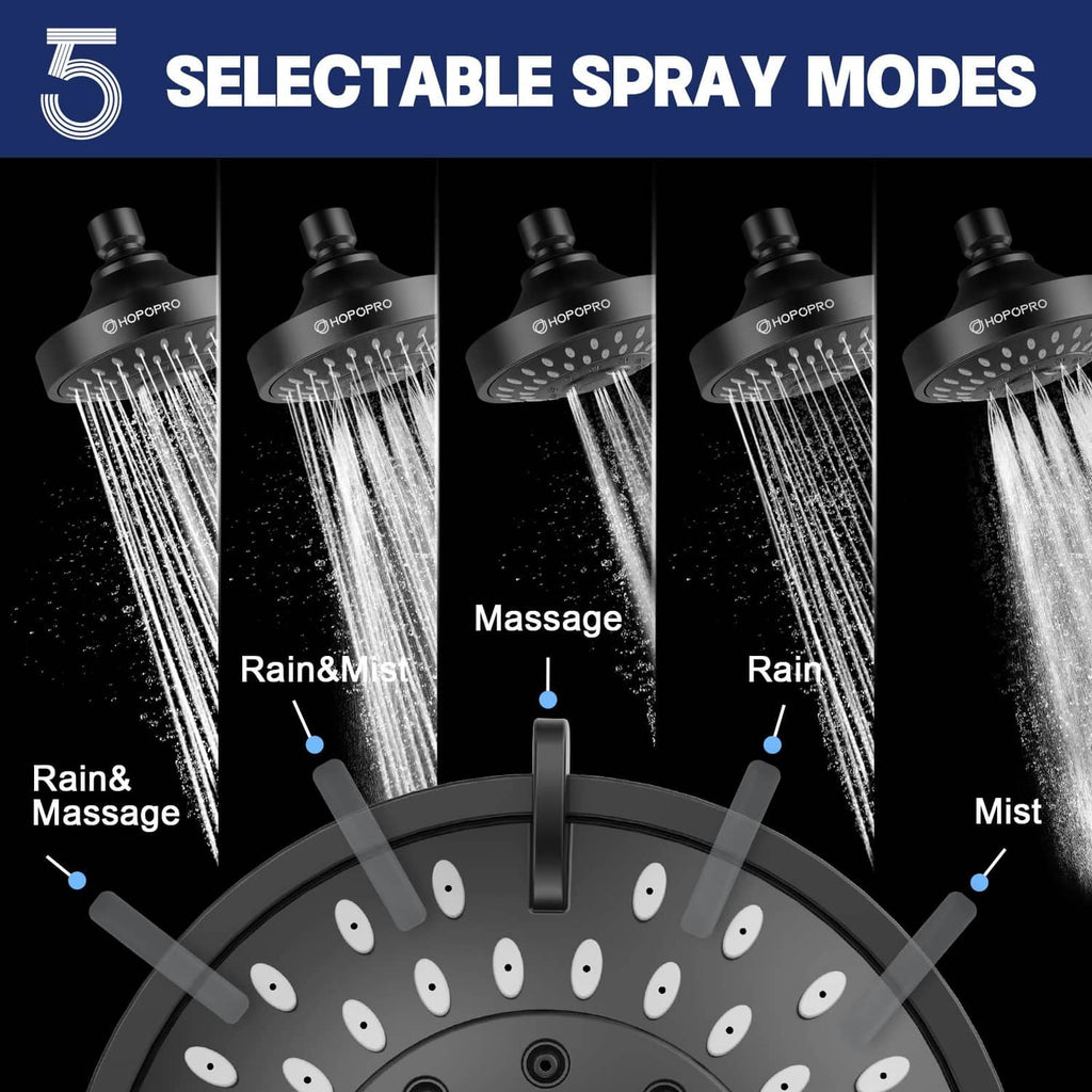 Shower head with 5 selectable spray modes: Rain & Mist, Massage, Rain, Mist