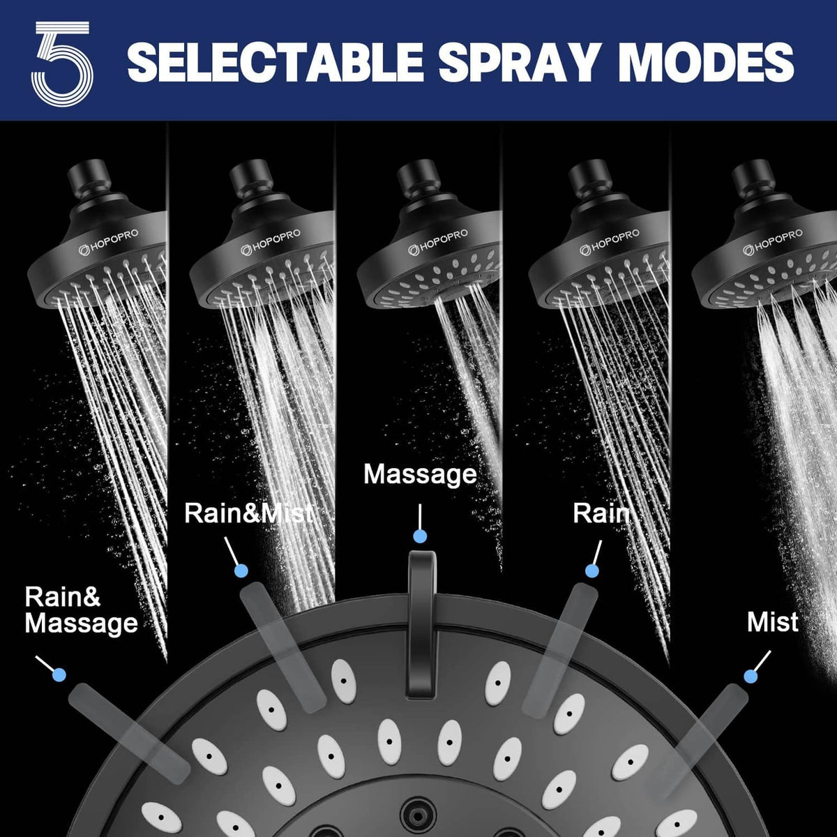 Shower head with 5 selectable spray modes: Rain & Mist, Massage, Rain, Mist