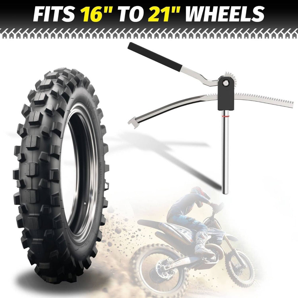 Tire changing tool with lever and axle support rod for dirt bike wheel tire removal