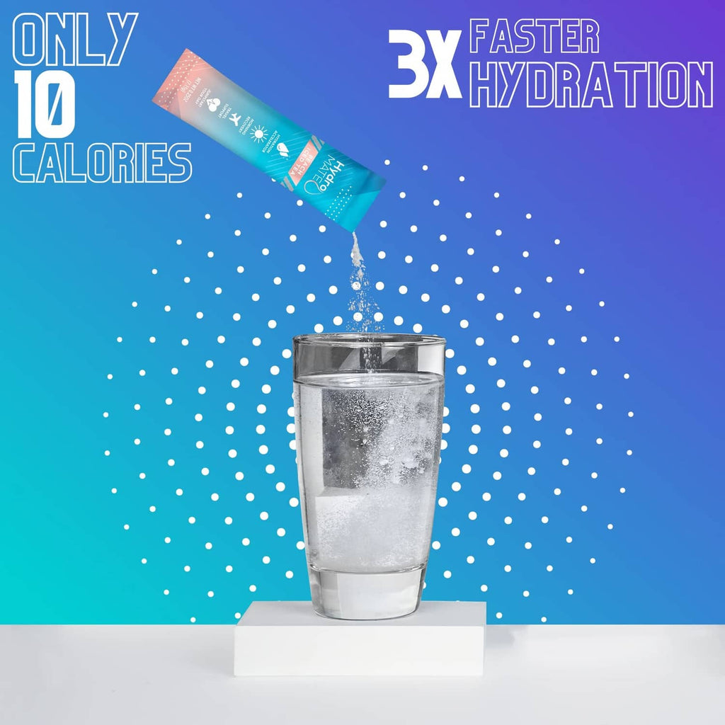 HydroMATE electrolyte variety pack pouch above a glass of water with bubbles
