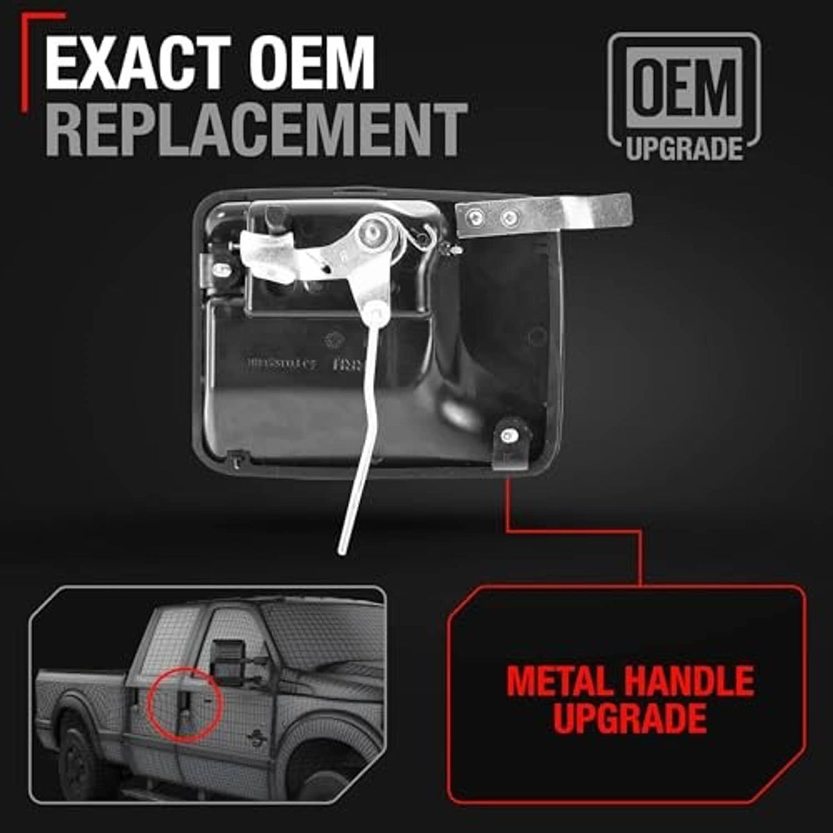 Black OEM-style metal door handle replacement with mounting hardware diagram