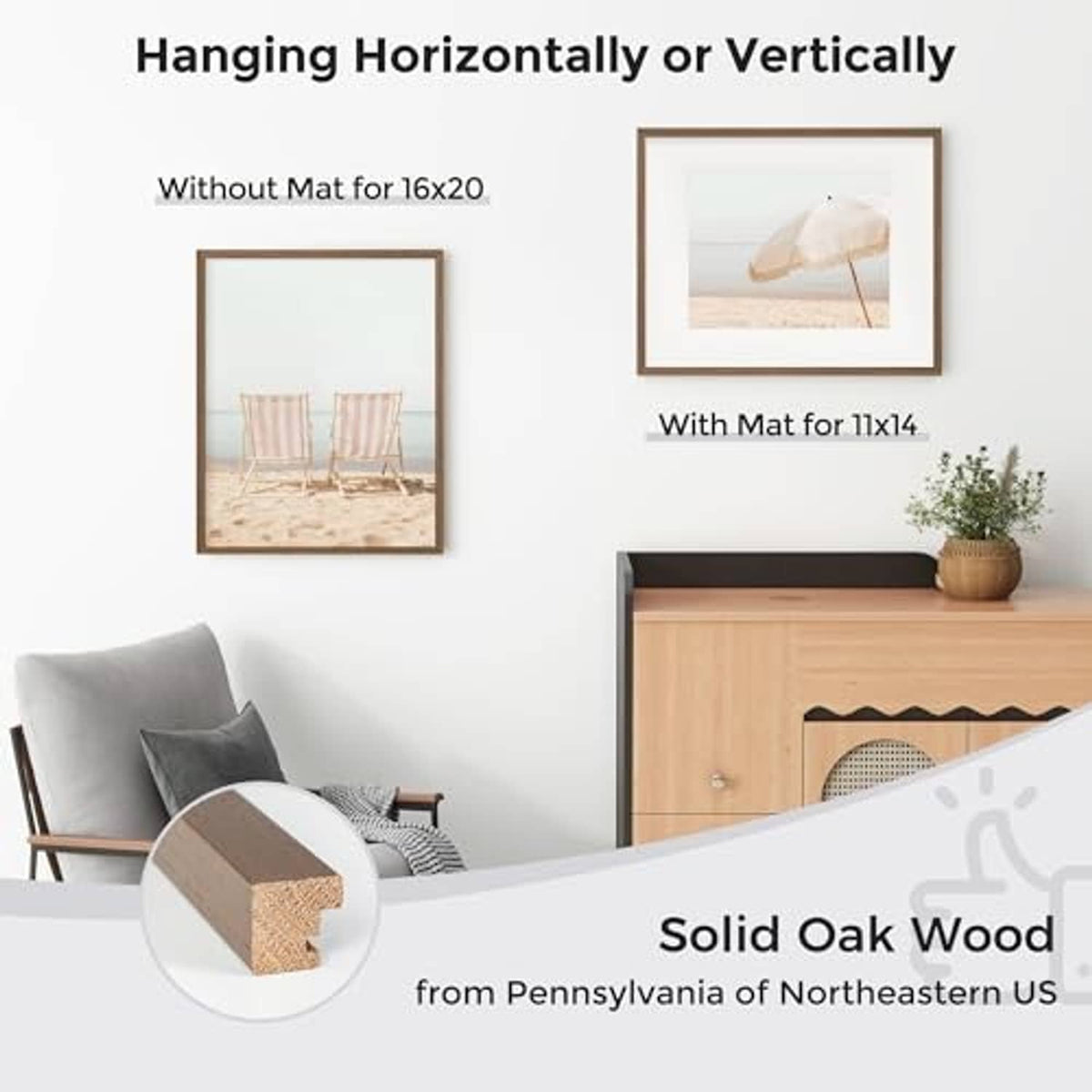 Wood picture frame with solid oak body, designed for vertical or horizontal wall hanging