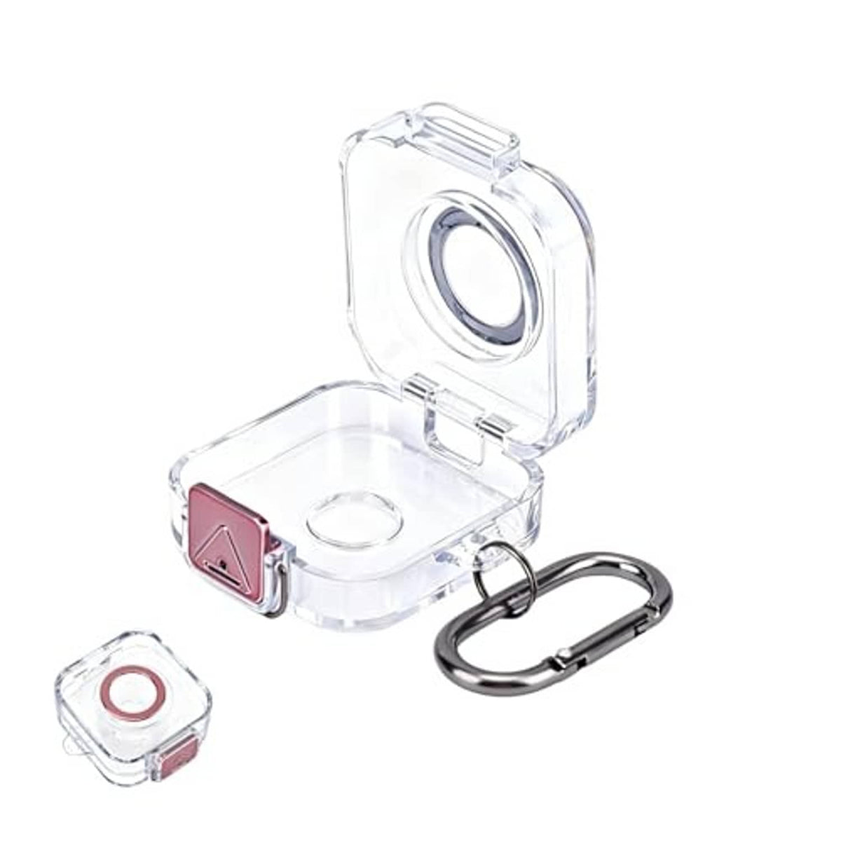 Transparent charger case with red charging contact and hinged lid, with keychain carabiner