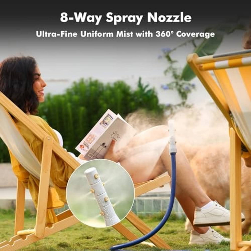 Outdoor misting system with 8-way spray nozzle tip and fine mist cloud