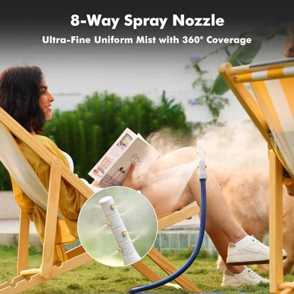 Outdoor misting system with 8-way spray nozzle tip and fine mist cloud