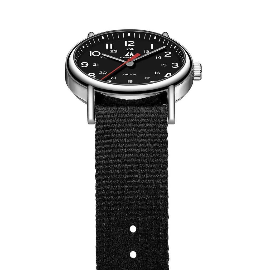 Men's black dial analog watch with silver case and black nylon strap with two holes