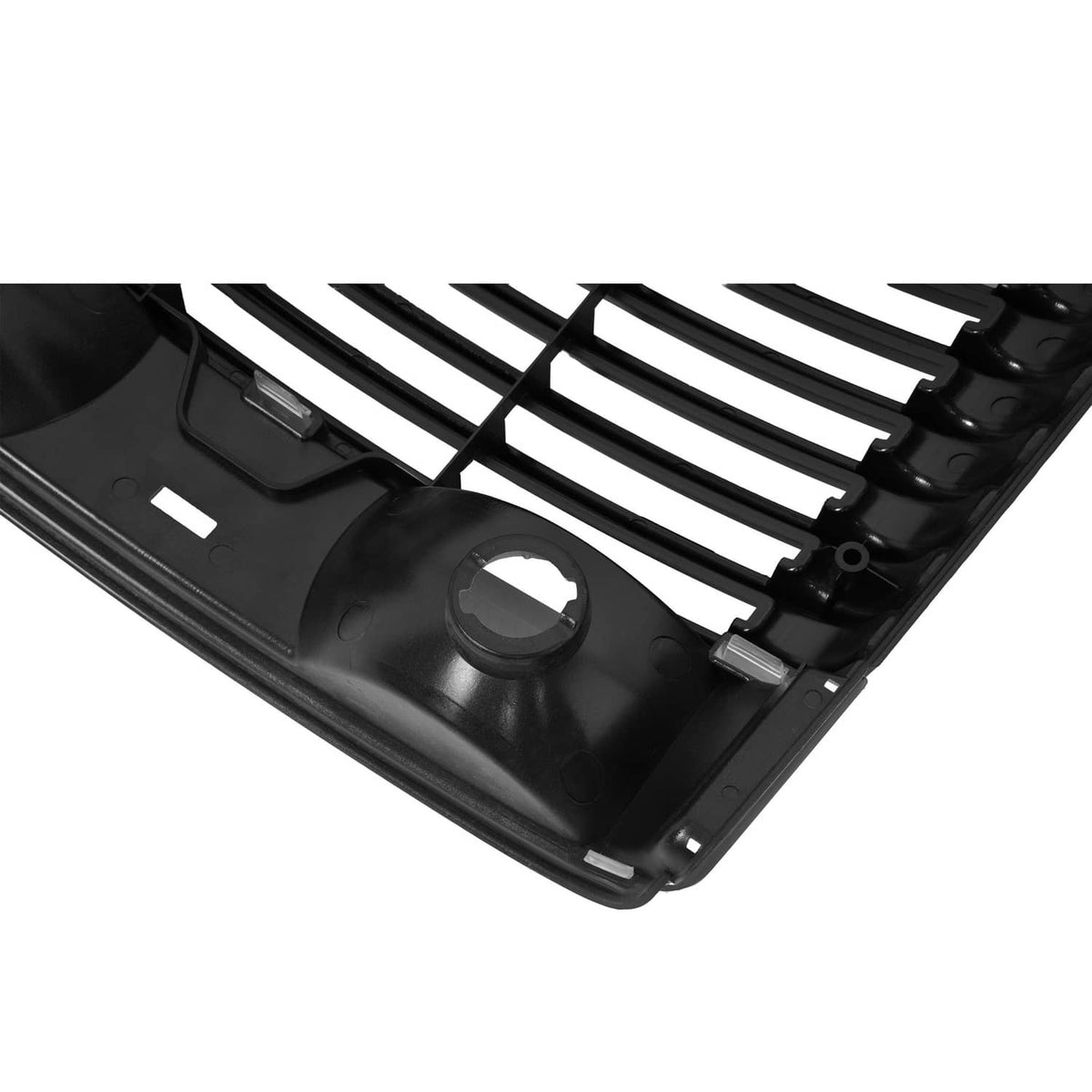 Front hood grille, black plastic with round headlight bezel opening and tabs