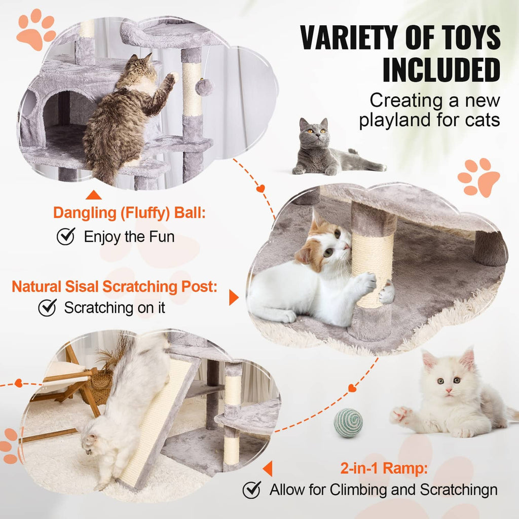 Light gray cat tree with enclosed condos, dangling ball toy, and angled ramp