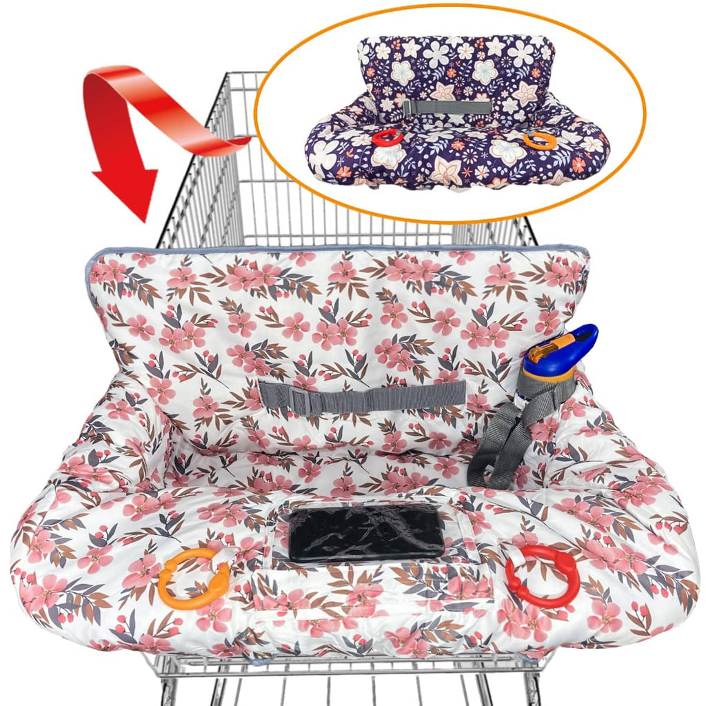 Reversible shopping cart cover for baby with floral print, side straps, and front pocket