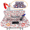 Reversible shopping cart cover for baby with floral print, side straps, and front pocket