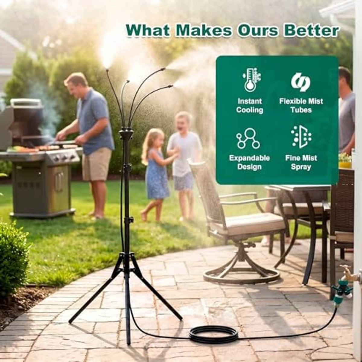 Outdoor misting stand spraying fine mist with tripod base on patio