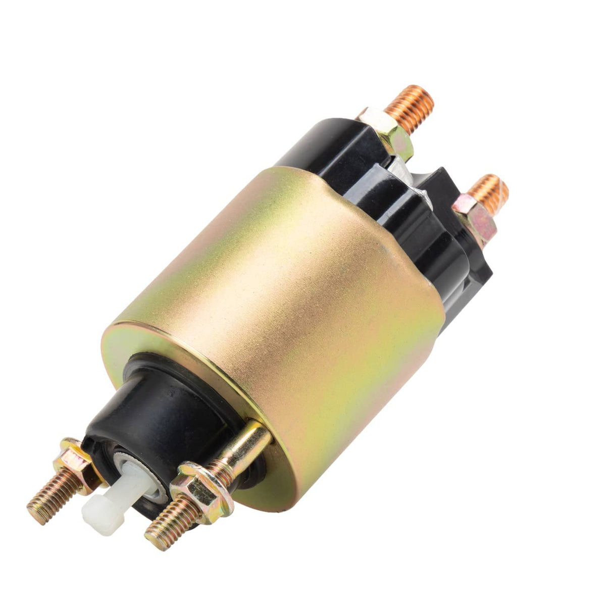 Starter solenoid relay switch side angle with black connector and copper mounting bolts