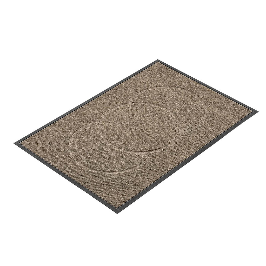 Brown front door mat rug with circular pattern and dark border
