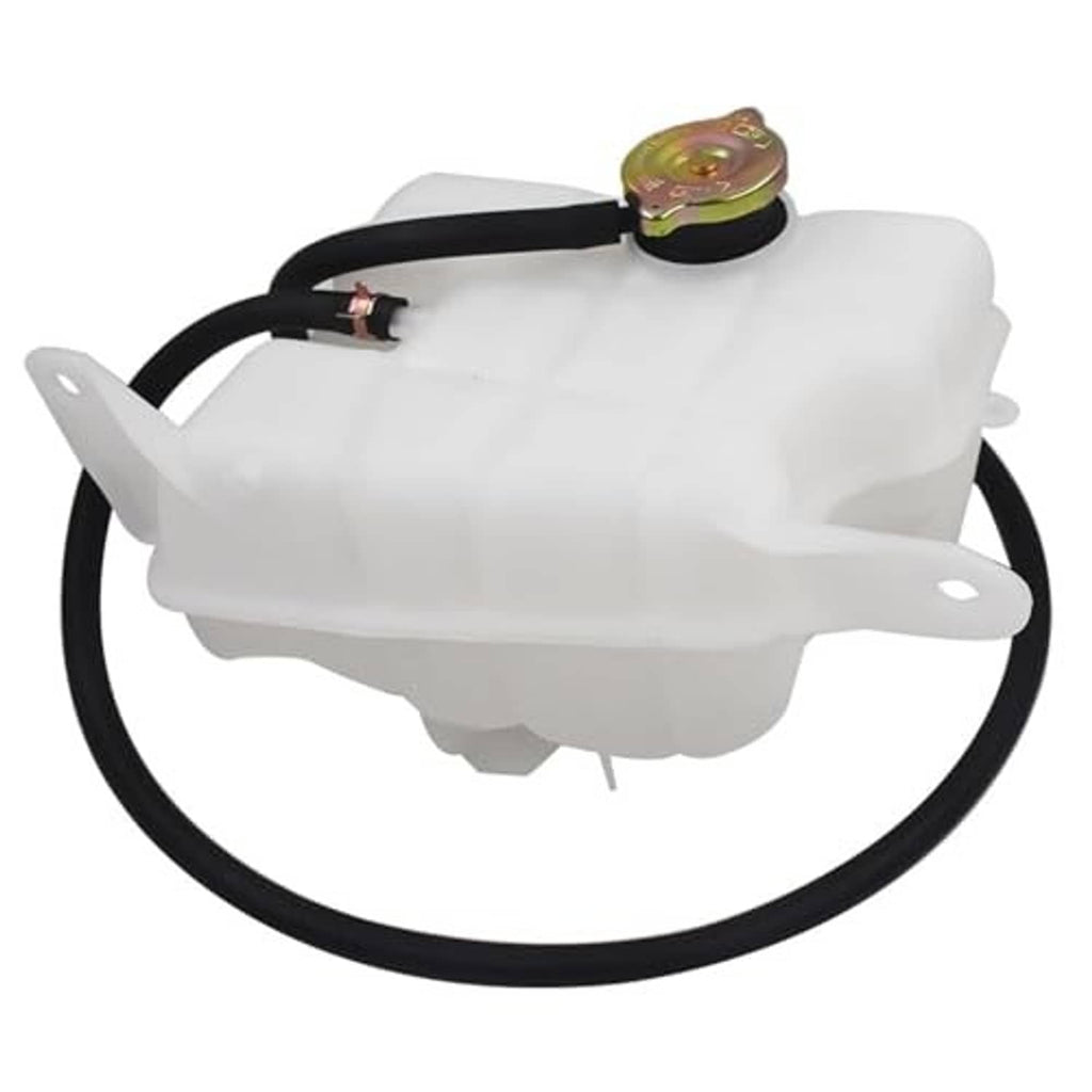 White coolant overflow reservoir tank with black hose loop and top cap fitting
