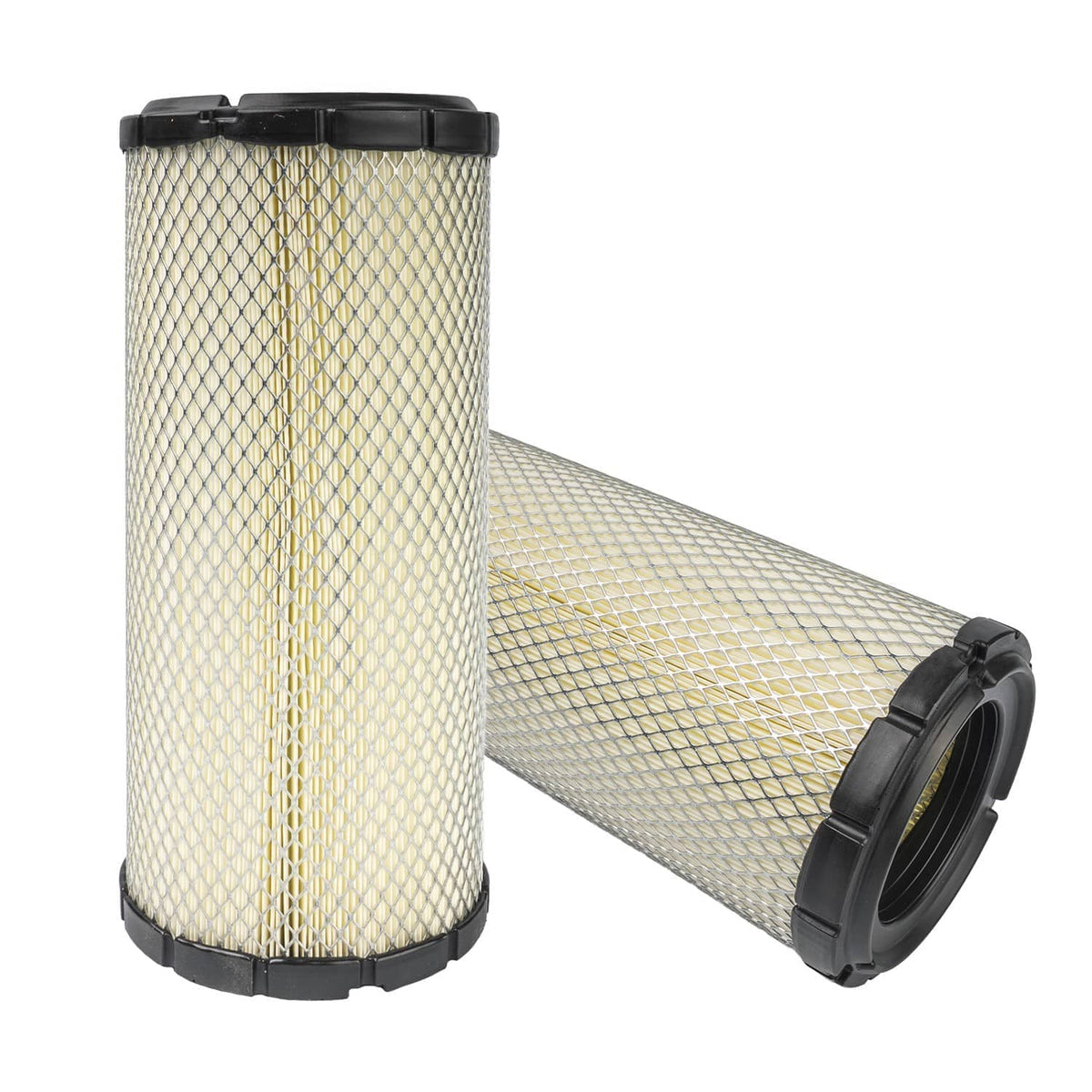 Set of two cylindrical air filters, one upright and one angled, with black end caps