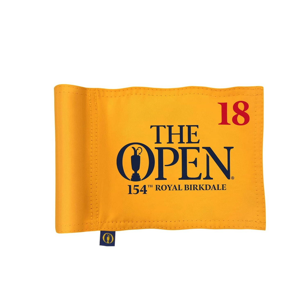 Mini golf flag with orange-yellow fabric and 'The Open' 18 logo print
