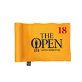 Mini golf flag with orange-yellow fabric and 'The Open' 18 logo print