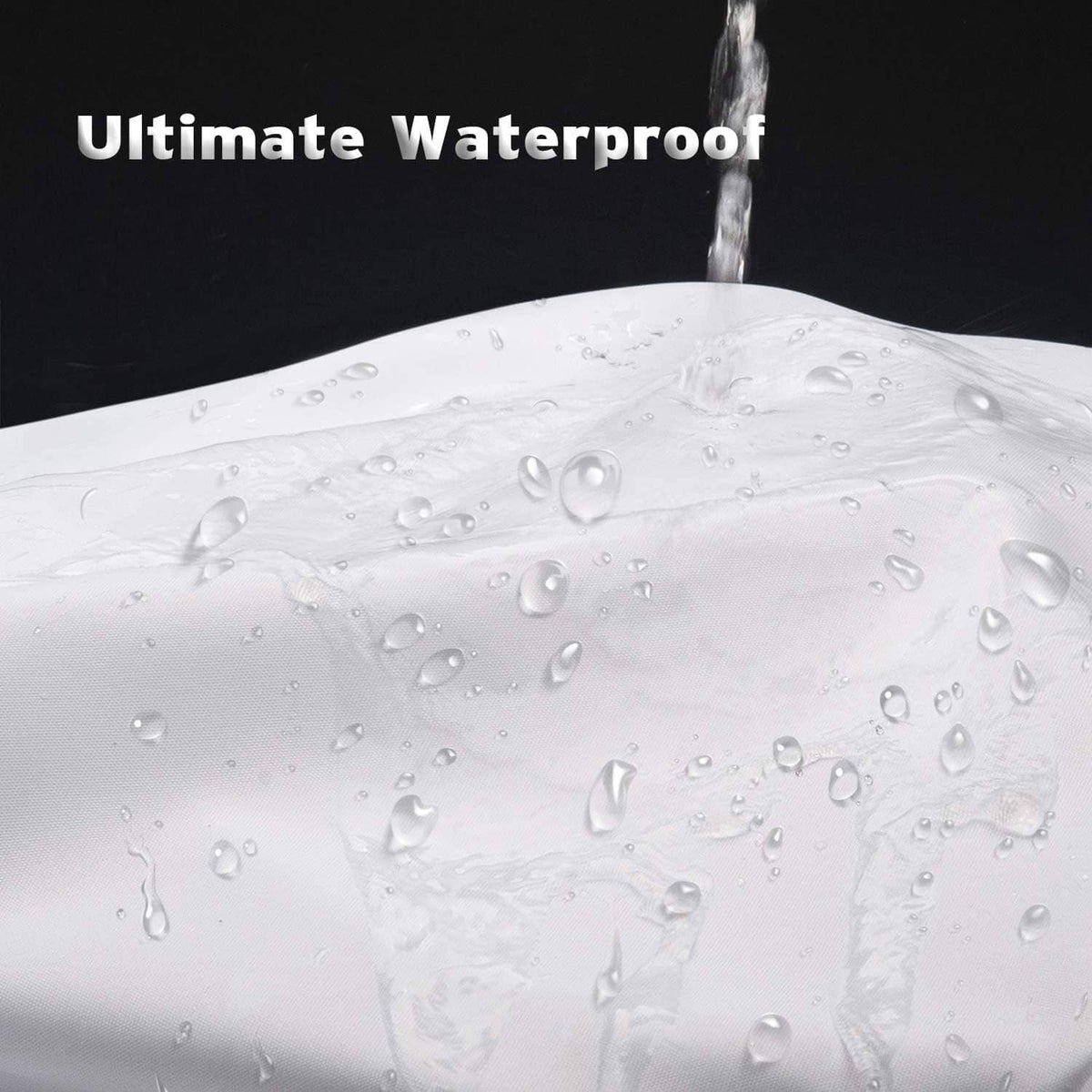 White water-resistant shower curtain liner fabric with visible water droplets.