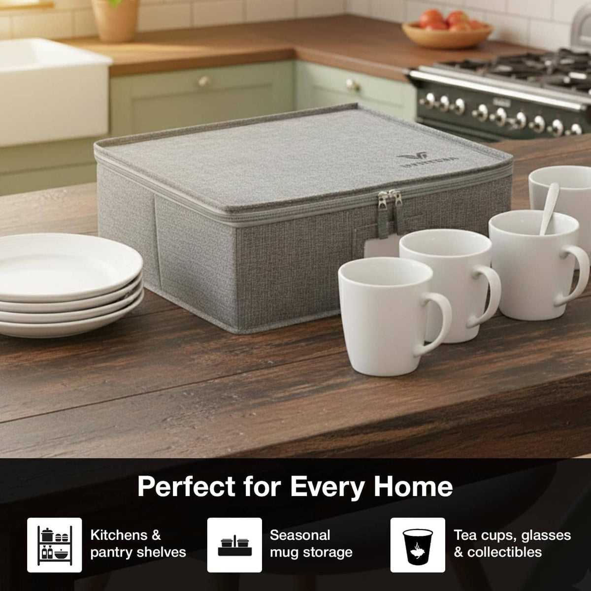 Grey mug storage organizer on tabletop with white cups arranged nearby