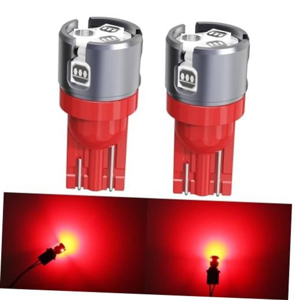 Red T10 wedge LED light bulb with silver housing and two metal pins